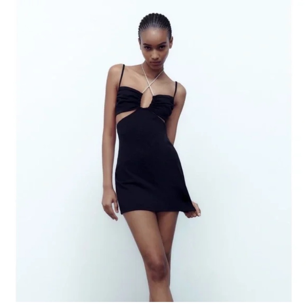 ZARA Rhinestone Strap Cut-Out Black Mini Dress